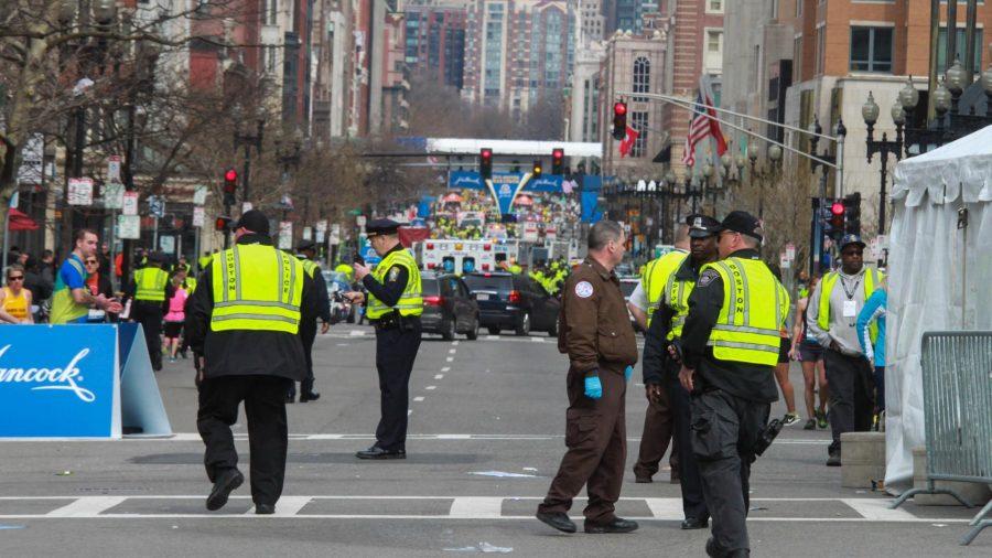 Local, State, and Federal agencies respond to a blast at the finish line of the Boston Marathon on Monday, April 15, 2013, in Boston, Massachusetts. (Kevin Wiles, Jr./Zuma Press/MCT)