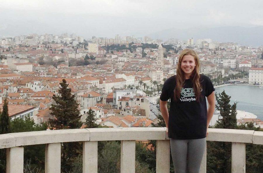 Former CSU volleyball player Megan Plourde stands on a balcony overlooking Split, Croatia. Plourde plays professional volleyball for Zok 1700 in Croatia.