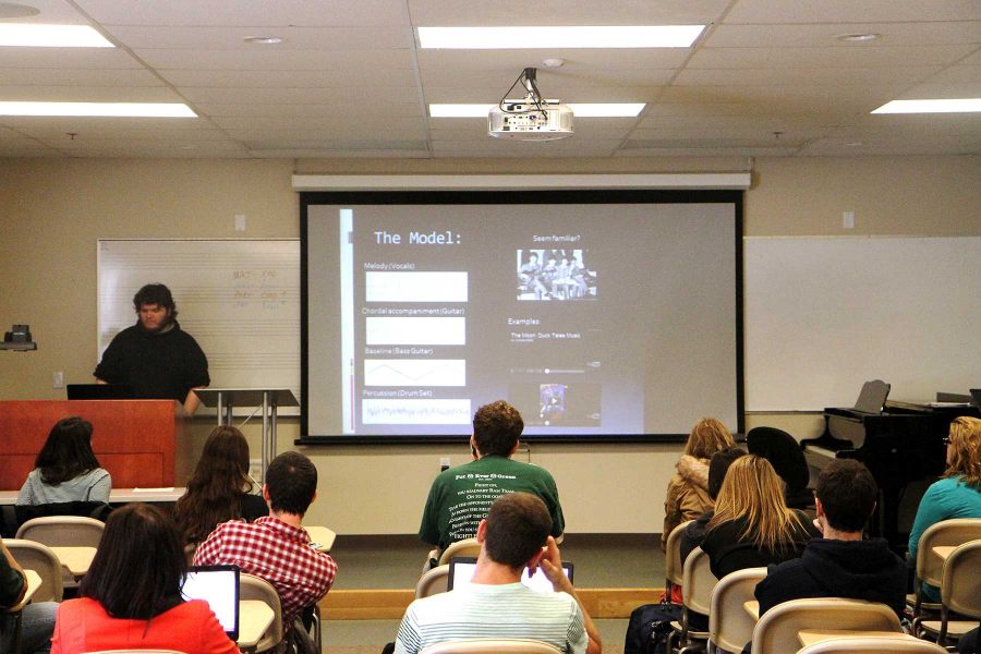 Music Composition major, Ethen Marrs, gives a presentation on the history of Chipmusic in Dr. Brewer's History of Rock and Roll class. History of Rock and Roll is one of many cool and interesting classes offered at CSU.