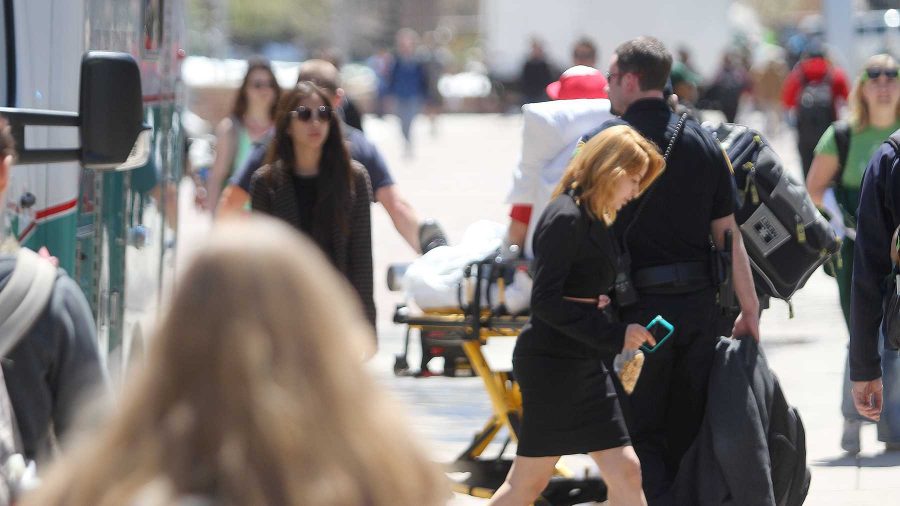 A student is carried out of Eddy building for a medical emergency on Friday afternoon. Because of the construction, this is standard procedure for medical emergenies at Eddy.