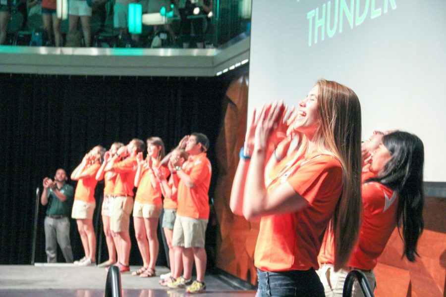 Orientation leaders sing the CSU fight song during New Student Orientation in the LSC Theater