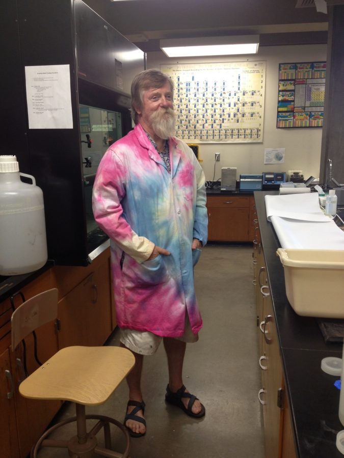 CSU Professor of Watershed Science John Stednicks sports his tie-dyed lab coat. Photo by Emily Smith.