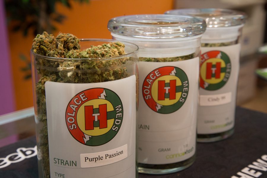 Jars of marijuana sit out for a patient to choose from. Along with marijuana, the dispensary offers a variety of other products including edibles, hash, pre-rolled joints and highly poplular Chai High teas.