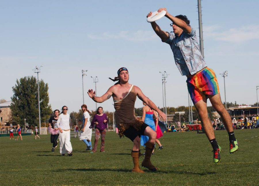 Marshall Rawley jumps to catch a frisbee on Saturday during Fright Flight on the IM fields. Rawley is a member of the CSU frisbee team.