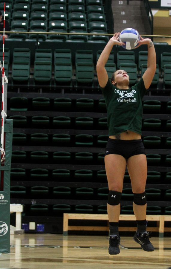 Deedra Foss sets the ball up for a spike at practice in October of last year. (Collegian File Photo)