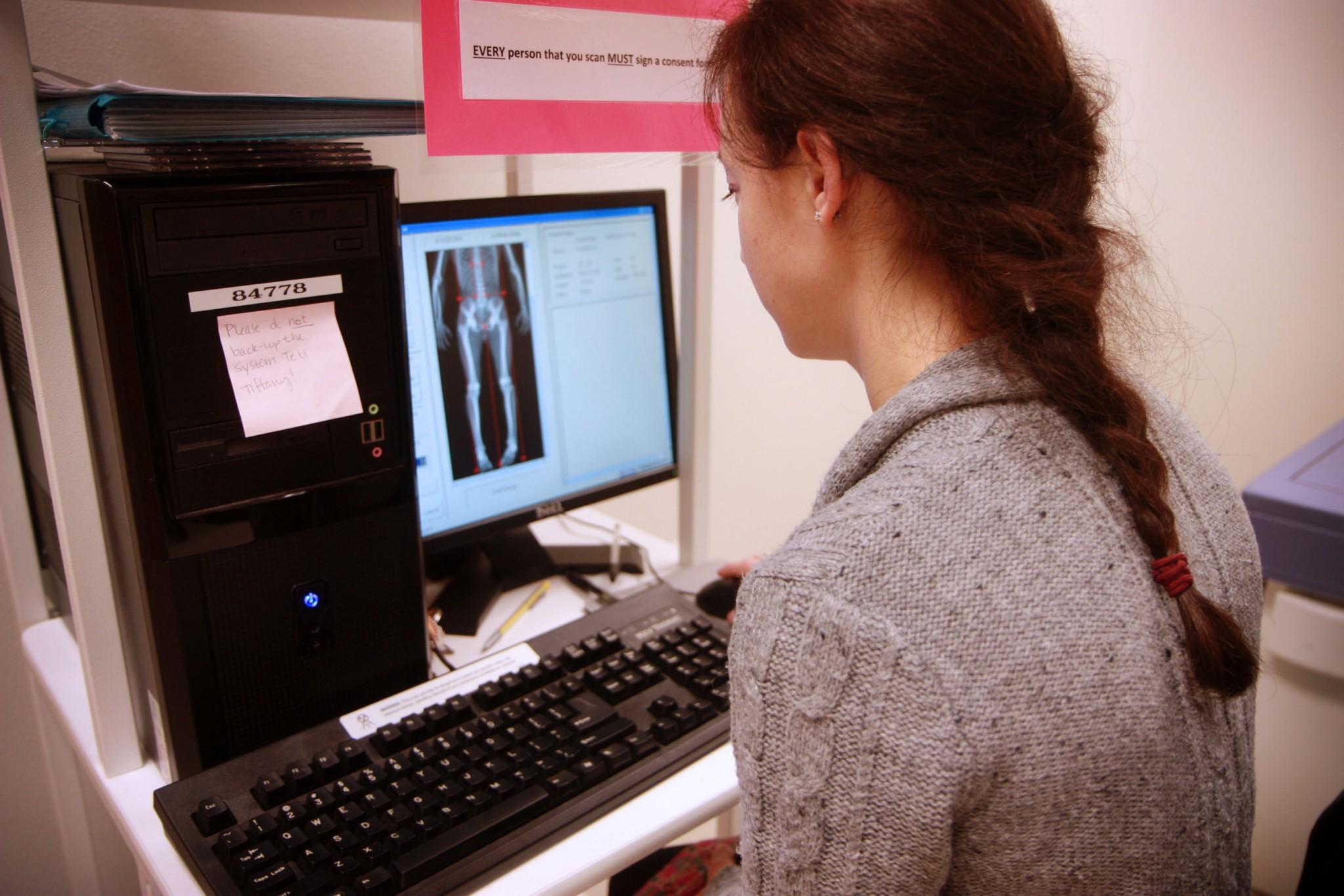 Biomedical Anthropology Graduate student, Amyee Fenwick, conducts a DEXA scan on local climbers to measure bone density as part of her masters thesis research. The DEXA scan is one of many impressive technologies avaliable to students and faculty located in the Human Performance Clinical Research Laboratory on campus.