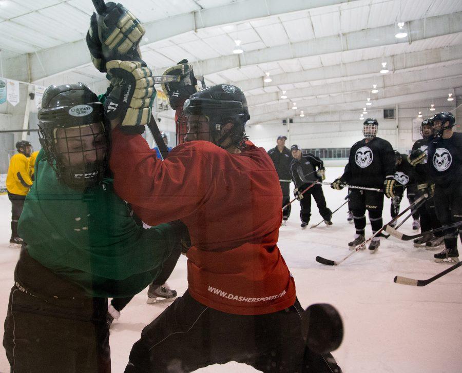 The CSU hockey team in practice earlier this week slam up against the boards. The Rams have been preparing for their match up with CU-Boulder at the Pepsi Center on Friday for the Rocky Mountain Center Ice Showdown. The puck drops at 7:30 p.m.
