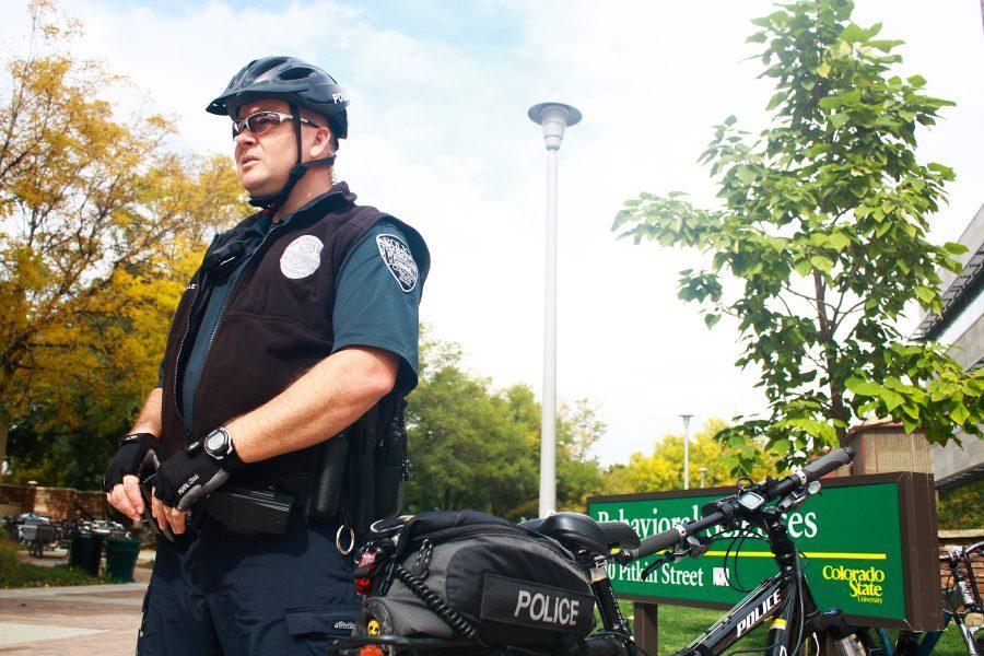 Officer Matthew Staley with the CSU Police Department rides his bike around campus on patrol. CSUPD has a variety of transportation methods including the well-known bike cops.