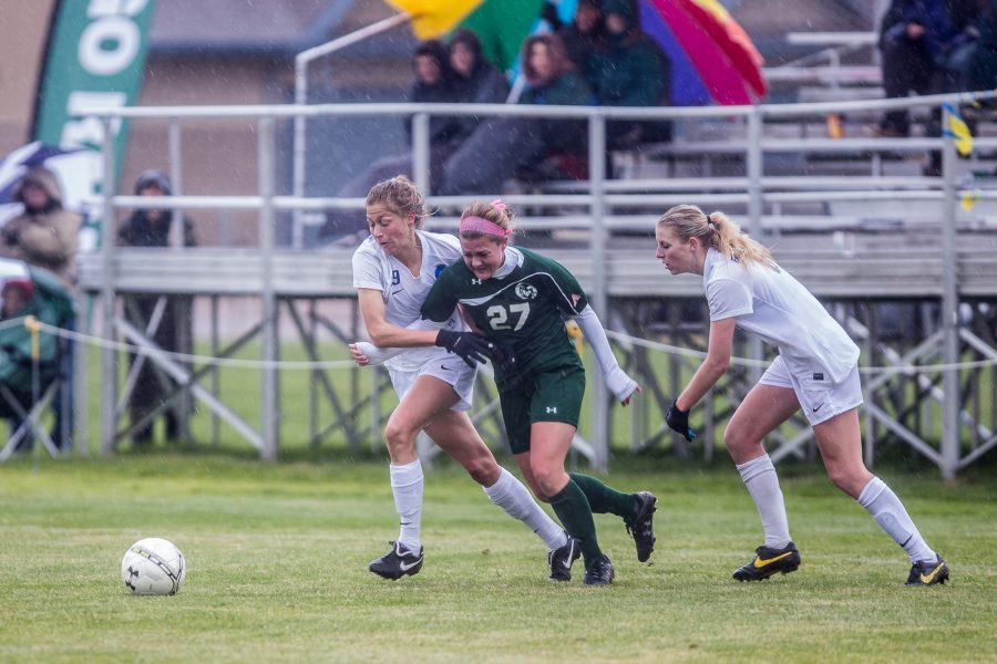 Sarah Wontrobski of CSU, battles Baylee Blaser for the ball, Sunday, at the Fort Collins Soccer Complex. The Rams lost to the Broncos 3-0, bringing their conference record to 1-7.