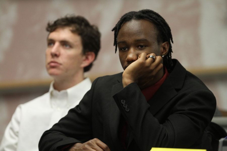 ASCSU Senator Kwon Yearby listens to Manager of Student Insurance Lynne Bunn at the weekly ASCSU meeting last night. Kwon proposed a bill last week that may have increased senate retention. There are currentily twenty unfilled seats in the ASCSU Senate.