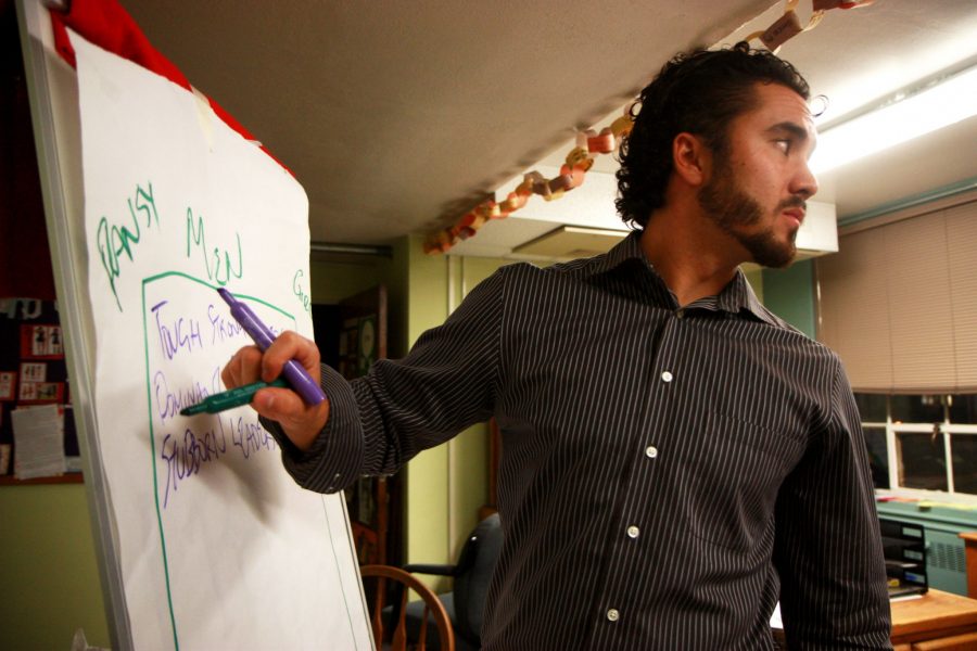 Mens Program and Violence Prevention Coordinator, Carl Olson, runs members of Men In the Movement through a gender stereotype "box" activity. The goal of Men In the Movement is to self reflect on how gender stereotypes have influenced past actions and perceptions and to learn new strategies to prevent violence against women.