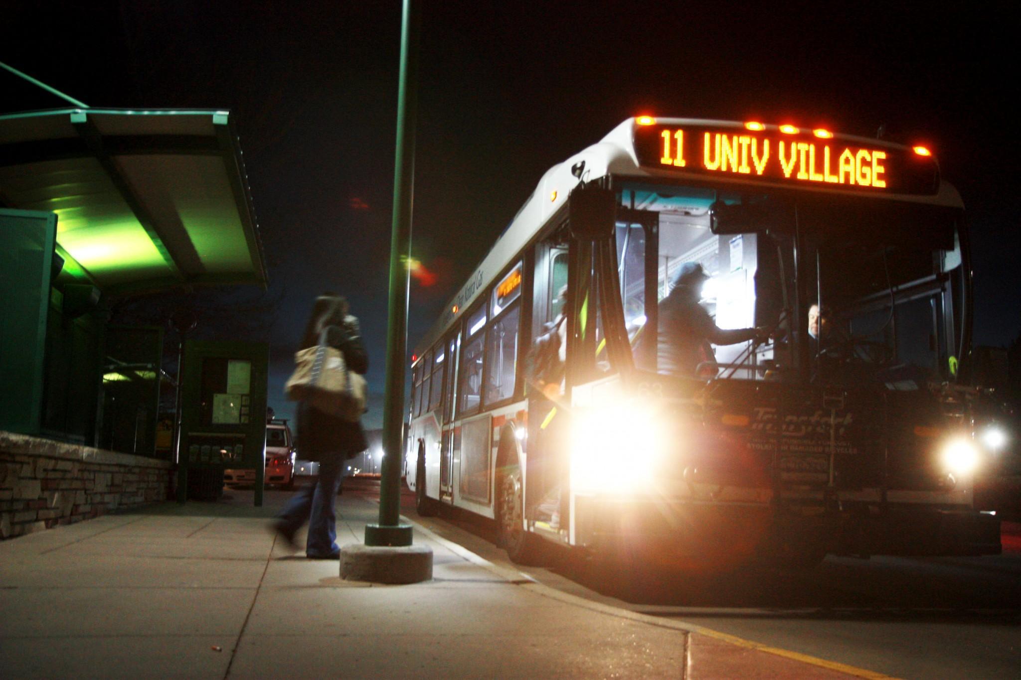Students load onto a CSU transit bus in the evening after a long day of classes. There is potential talk of a CSU bus app that would list bus arrival and departure times as well as all bus routes through Fort Collins.