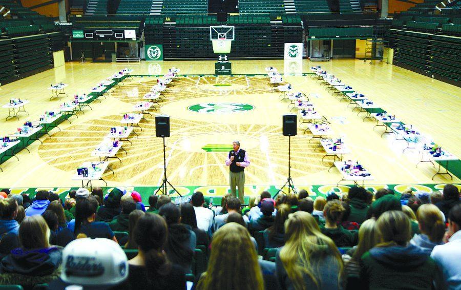 CSU Athletic Director Jack Graham speaks to all the CSU athletes taking part in Rams Care. In the charity event Ram athletes donate goods to make care packages for the homeless.