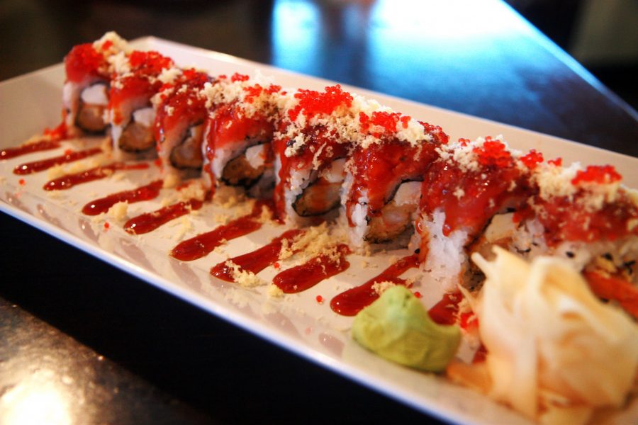 Jaws, which opened this past August, features delcious sushi creations by the owners and their employees. This dish, called The Original Kim K Roll (Pre-Kanye), is tastey tempura shrimp, cream cheese, and cucumber topped with spicy tuna and tastey sauces.
