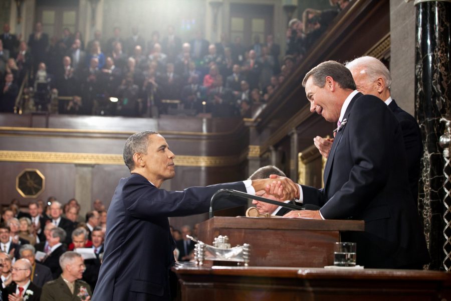 President Barack Obama shakes hands with Speaker of the House John Boehner as he enters the House Chamber at the U.S. Capitol in Washington, D.C., for the State of the Union address, Jan. 25, 2011. (Official White House Photo by Pete Souza)