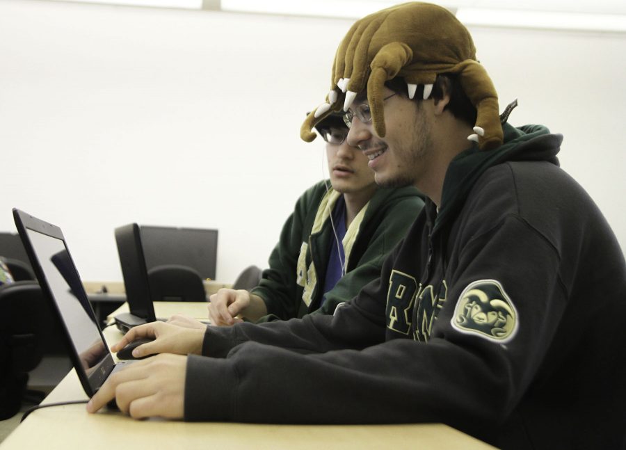 Ryan Stern (left) and his brother Jeff work in CS325 with their team to code a program within their eight hour allotted time limit that will fulfill certain criteria. A number of teams at CSU competed against each other and other international teams during Code Wars 2014 Windwardopolis 2 this Saturday.