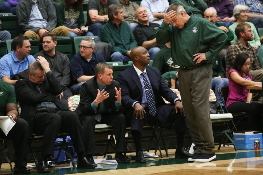 Coach Eustachy and the rest of the Rams coaching staff react to a play late in the game last night at Moby Arena. The Rams were defeated by Boise State 84-72.
