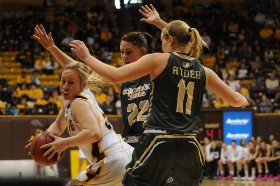 Colorado State players Elin Gustavsson (22), and Gritt Ryder (11), defend a Wyoming player during last year's Border War game. The Rams and Cowgirls face off Wednesday night at 6 p.m. at Moby Arena. 