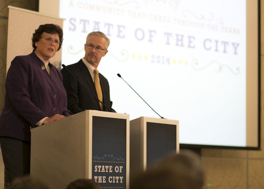 Fort Collins Mayor Karen Weitkunat opens up the State of the City Address Wednesday night along side Darrin Aetteberry. Weitkunat discuess problems Fort Collins will face over the next year.
