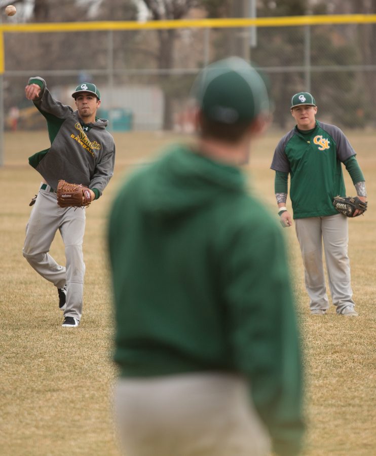 Right fielder Jake Hoffman, left, and third baseman Mike Medina warm up at practice yesterday afternoon. The Rams have 5 games over the next 3 days against the University of Nebraska and Adams State University.