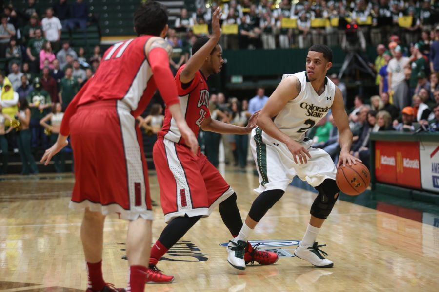 CSU guard Daniel Bejarano (2) drives towards the hoop against UNLV last night at Moby Arena. Bejarano led the Rams with 24 points, 10 rebounds and seven assists in CSU's 75-57 victory.
