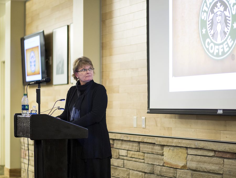 Mary Wagner, Starbucks' senior vice president of global research and development, presents innovative ideas that Starbucks is currently seeking in Moby Arena Friday afternoon.