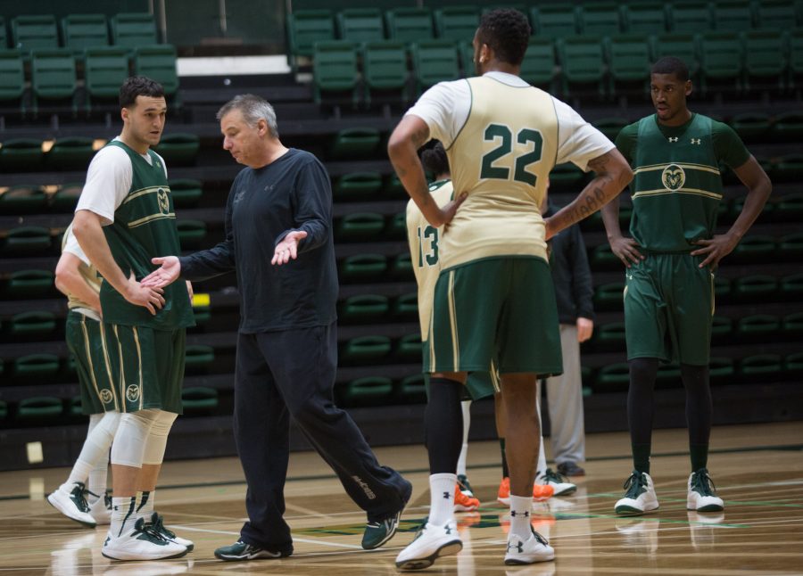 Coach Eustacy explains a play to members of the mens basketball team at practice yesterday afternoon. The Rams have their final home game of the season tonight at Moby Arena against San Jose State.