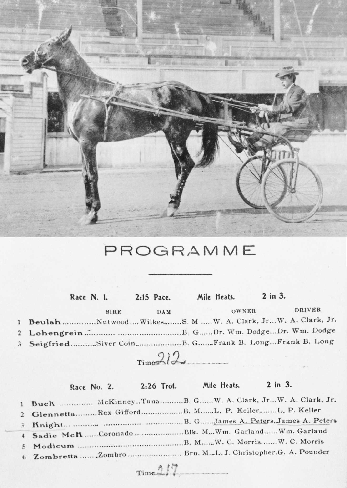 James Peters and Knight at Hollywood Exposition Park and program from a 1908 race where their time was 2 minutes 17 seconds. (Photo from family archives)
