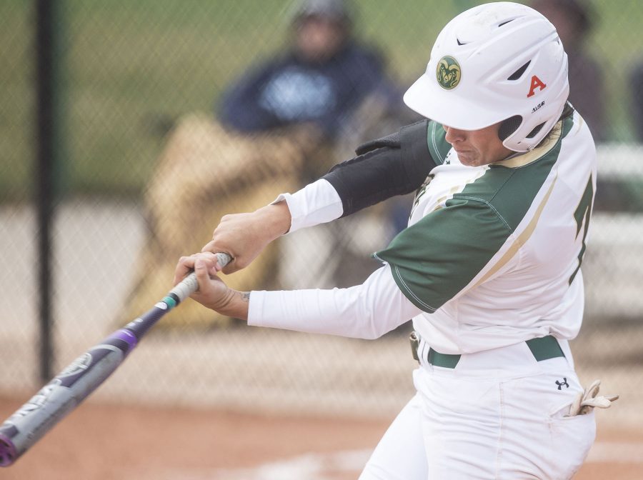 CSU's Ashlie Ortega, 7, hits a walk-off homerun to end the game against UTEP Sunday afternoon. The Rams won 9-1, which puts them at 22-9 for the season.