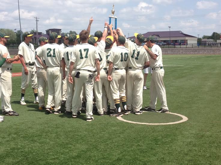 Members of the Colorado State baseball team celebrate their 5-2 victory over Iowa in Sundays regional championship game. The Rams now advance to the NCBA World Series May 23rd in Tampa, Fla. 
