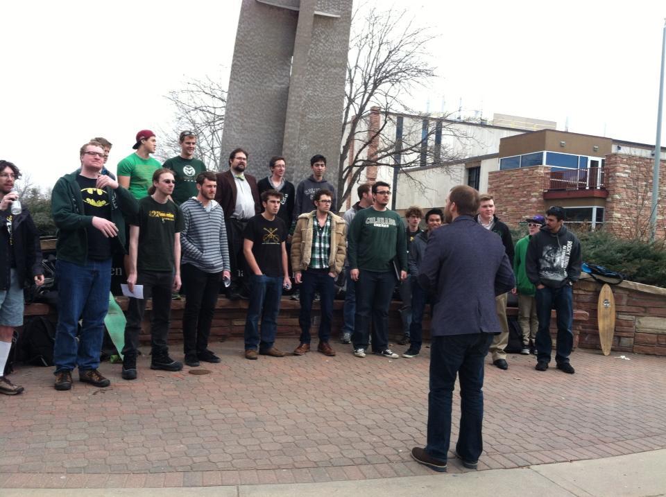 Members of the CSU Mens' Choir sing on campus.
