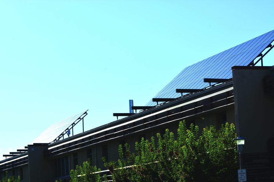 Solar panels sit on the Engineering building at Colorado State University. Solar panel additions are common on other buildings throughout the campus.(Photo credit: Megan Fischer)