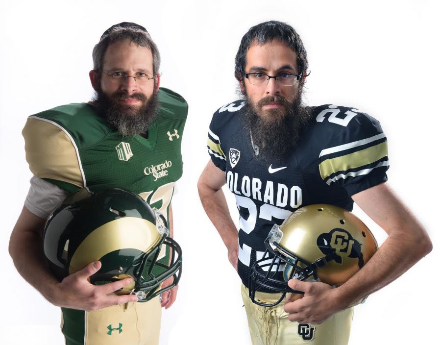 CSUs Rabbi Yerachmiel Gorelick and CU Rabbi Yisroel Wilhelm dress up in full football attire for this photo in honor of tonights game. Both rabbis are longtime friends who have been trying to do a Rocky Mountain Showdown photo for years. (Photo credit: Patrick Campbell/University of Colorado and John Eisele/Colorado State University)