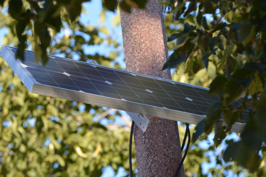 Solar energy helps power speed limit monitors in front of the Durrell Center at Colorado State University. Due to a partnership with Fort Collins Utilites, solar panels are becoming new additions to campus.