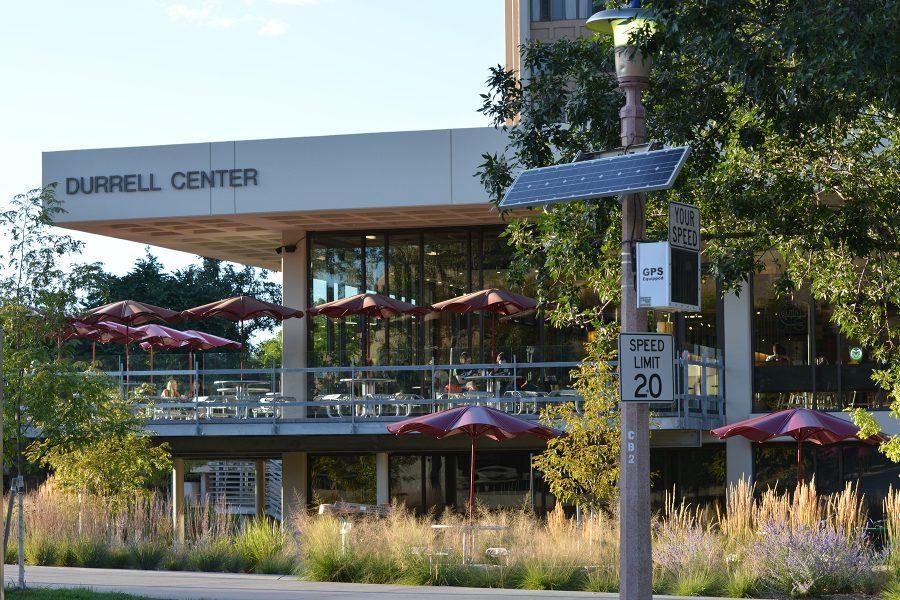 Solar energy helps power speed limit monitors in front of the Durrell Center at Colorado State University. Due to a partnership with Fort Collins Utilites, solar panels are becoming additions to campus.