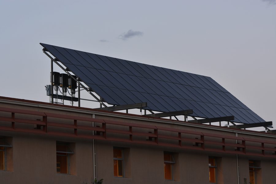 Solar panels sit on the Engineering building at Colorado State University. Solar panel additions are common on other buildings throughout the campus.