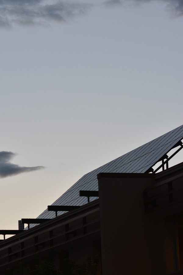 Solar panels sit on the Engineering building at Colorado State University. Solar panel additions are becoming more common on buildings throughout the campus.
