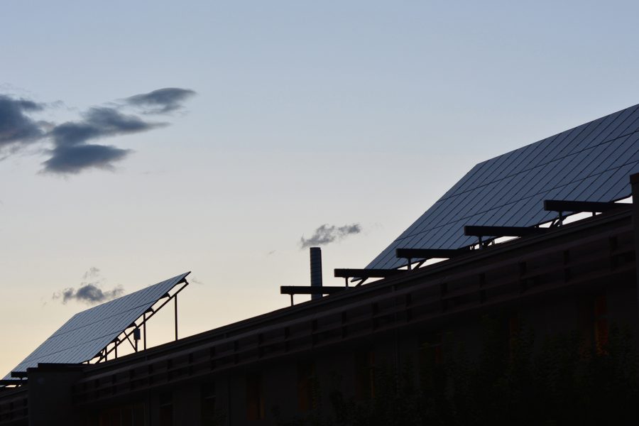 Solar panels sit on the Engineering building at Colorado State University. Solar panel additions are becoming more common on buildings throughout the campus due to a partnership between the campus and Fort Collins Utilities.