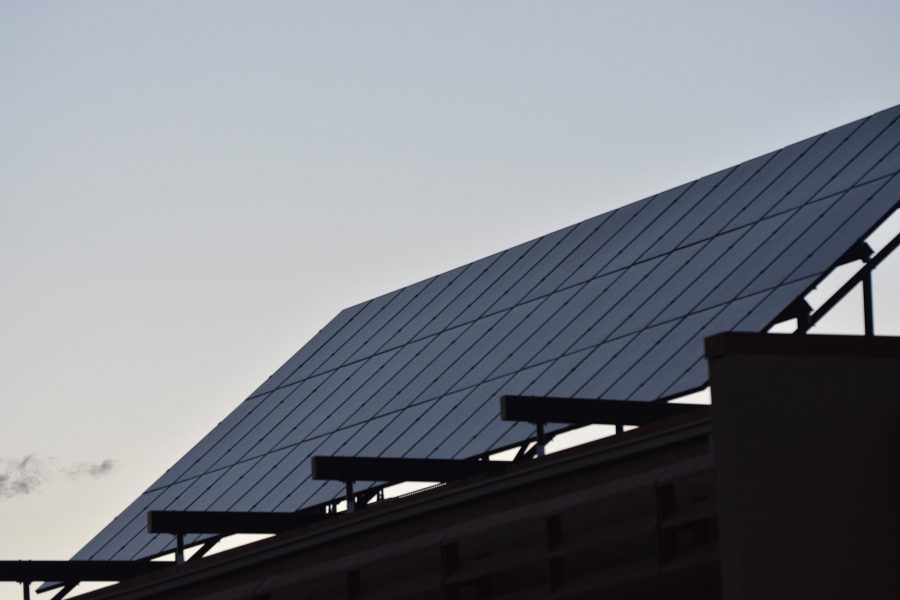 Solar panels sit on the Engineering building at Colorado State University. Solar panel additions are becoming more common on buildings throughout the campus.
