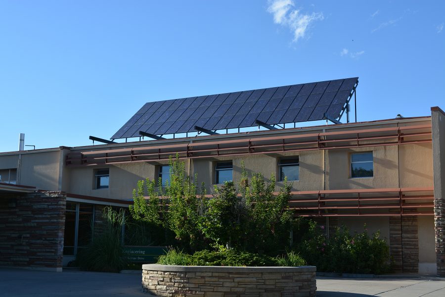 Solar panels sit on the Engineering building at Colorado State University. Solar panel additions are becoming more common on buildings throughout the campus.