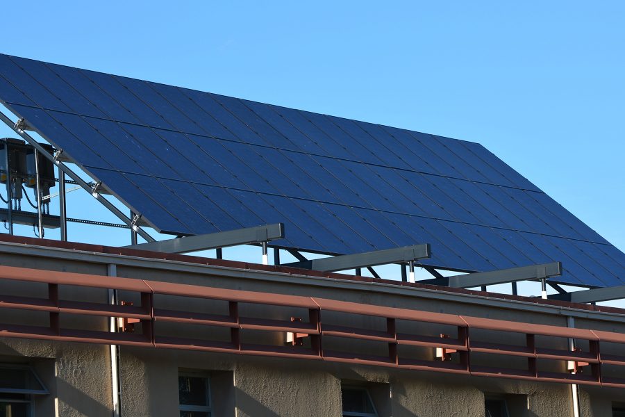 Solar panels sit on the Engineering building at Colorado State University. Solar panel additions are becoming more common on buildings throughout the campus.