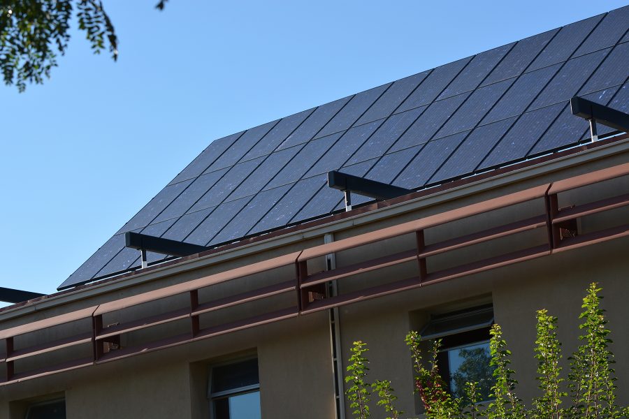 Solar panels sit on the Engineering building at Colorado State University. Solar panel additions are common on other buildings throughout the campus.