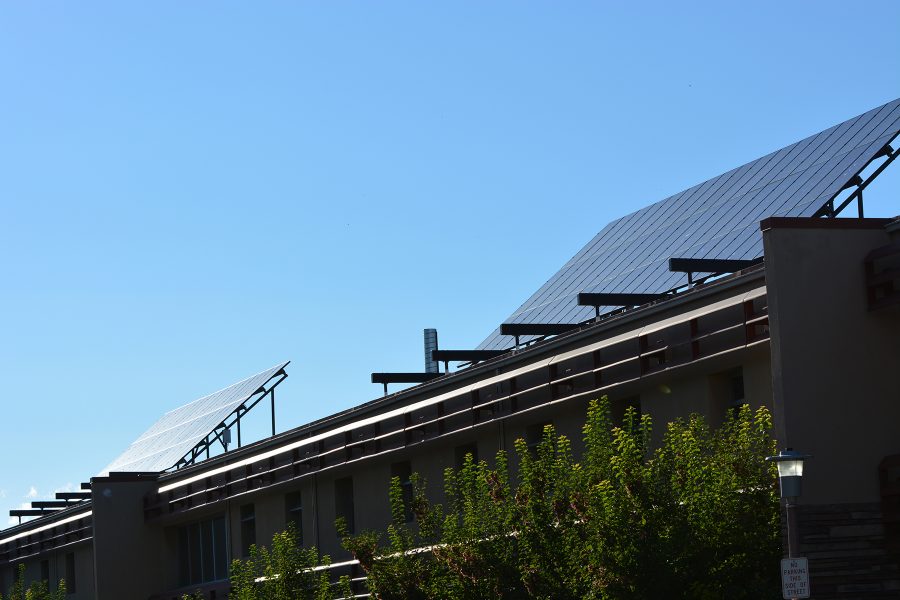 Solar panels sit on the Engineering building at Colorado State University. Solar panel additions are common on other buildings throughout the campus.