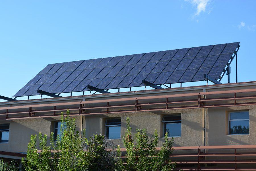Solar panels sit on the Engineering building at Colorado State University. Solar panel additions are becoming more common on buildings throughout the campus.
