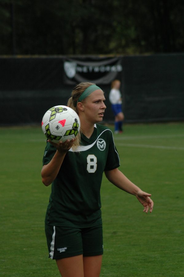 Colorado State defender Jessica Stauffer looks to throw the ball in during Friday's 2-0 loss to rival Colorado. (Courtesy: CSU Athletics)