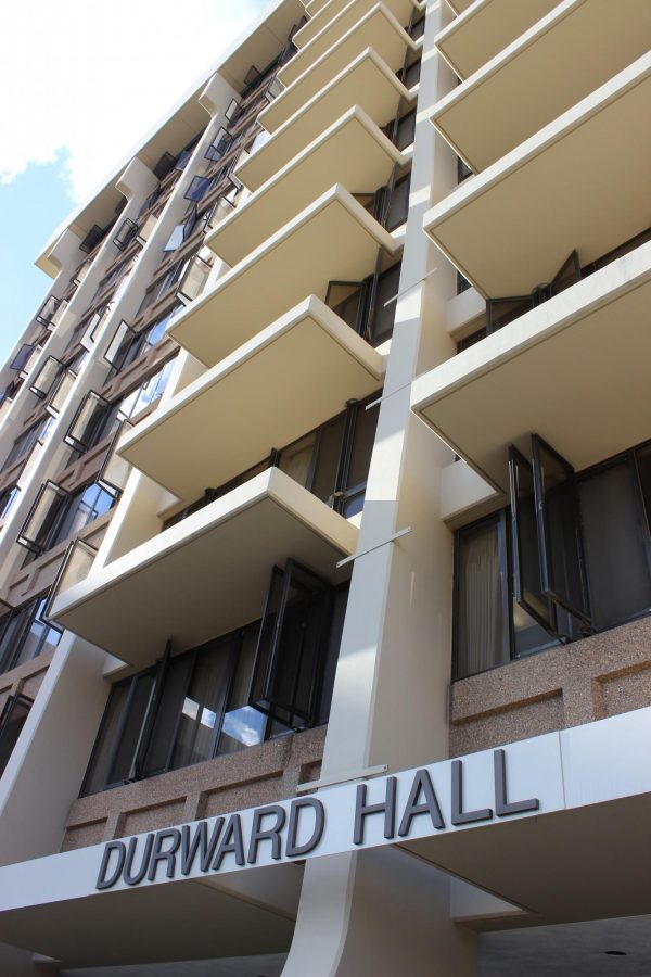 Durward Hall offers twelve floors of single and double community style dorm rooms.