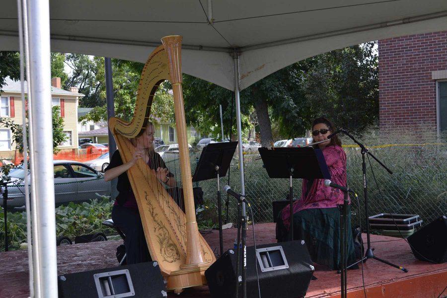 Tonya Jillings (left) and Cille Lutch (right) play as the first musical act during the 2014 Xaniscape Festival. Jillings and Lutch are members of a Denver music group called Synesthesia. (Photo Credit: Megan Fischer)