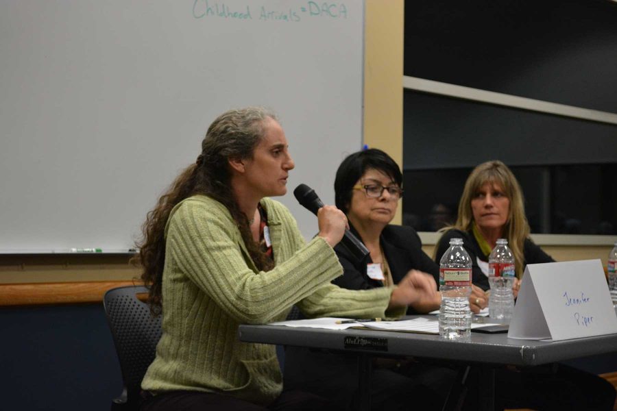(From Left) Jennifer Piper, Denise Maes and Kim Baker-Medina share information concering undocumented immigrants at local and national levels. The League of Women Voters hosted a panel Sept.15 to discuss undocumented immigrants facing deportation in the United States. (Photo Credit: Megan Fischer)