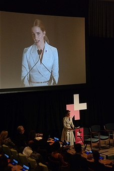 NEW YORK, UNITED SATES - SEPTEMBER 20:  UN Women Goodwill Ambassador Emma Watson (center) speaks during the HeForShe United Nations campaign meeting in New York, United States on September 20, 2014. (Photo by Selcuk Acar/Anadolu Agency/Getty Images)