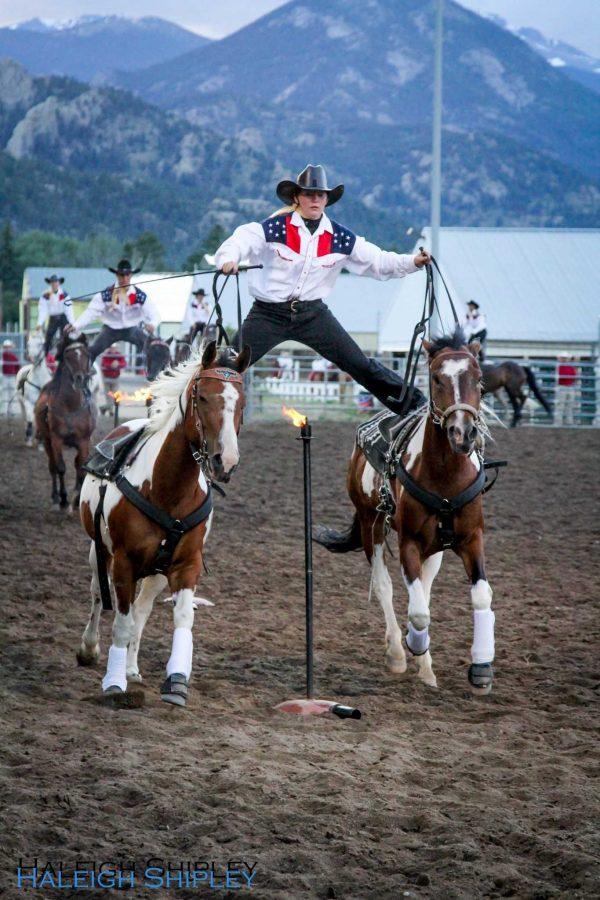 A Roman Rider from the Westernaires exits the arena in style at a show in Estes Park, Colo. (Photo courtesy of Haleigh Shipley)